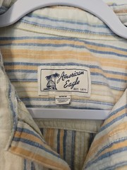 American Eagle Men’s Collared T-Shirt Medium Blue & Yellow Striped