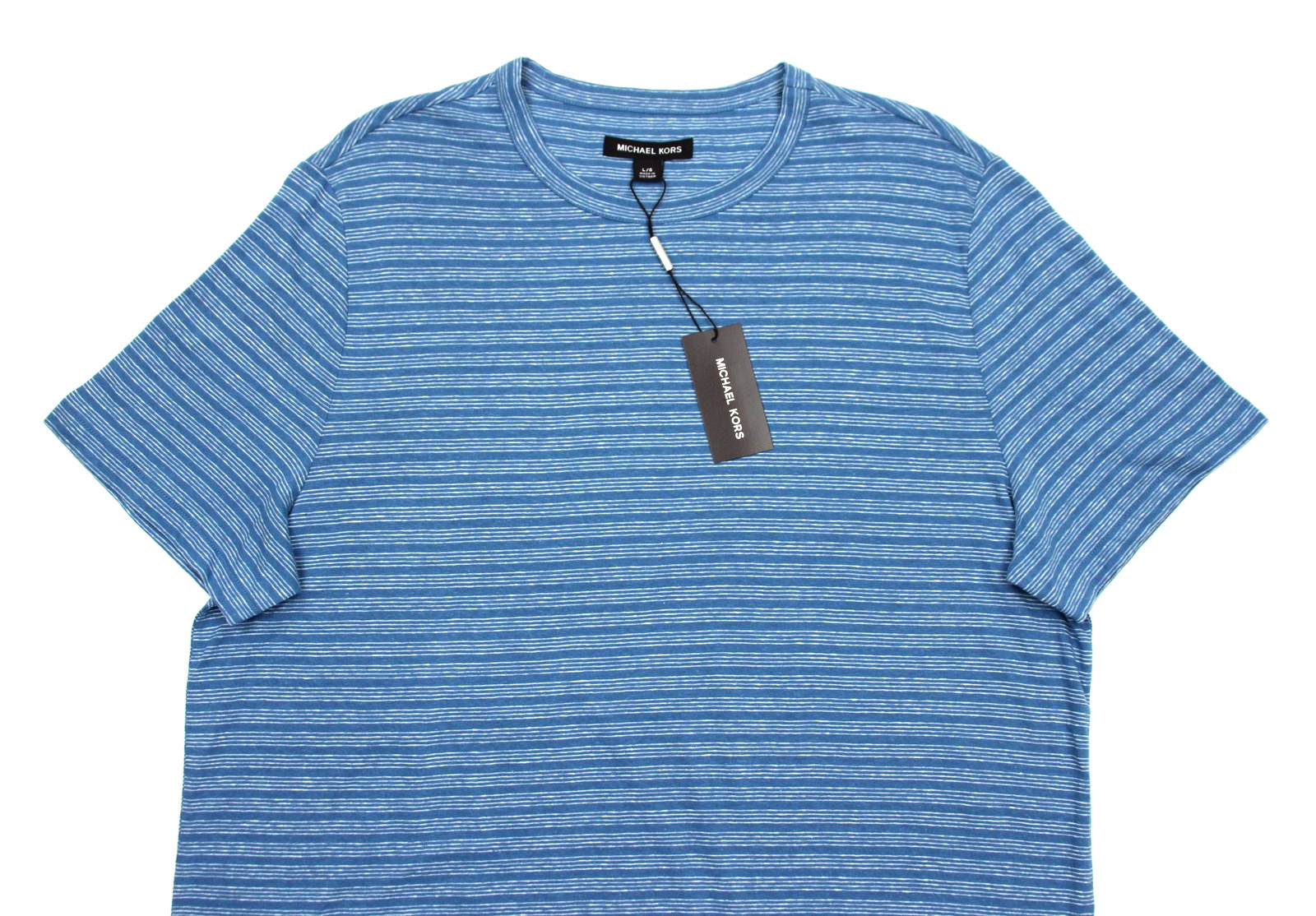 Michael Kors Shirt Mens Large Steel Blue Striped Linen Cotton Crew Neck Tee NWT gallery