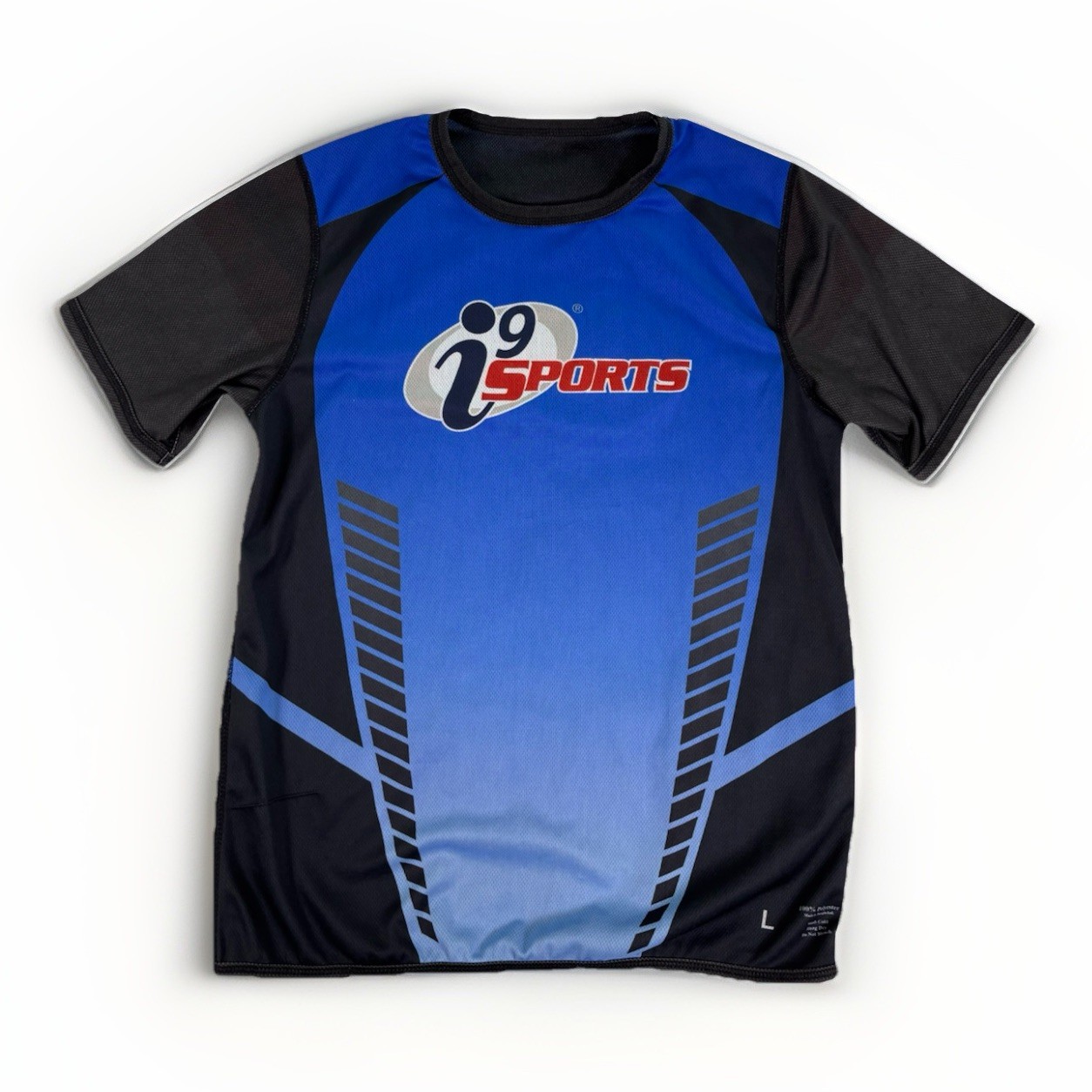 i9 Sports Jersey Shirt Large Blue Black Short Sleeve Athletic Polyester Gym Top