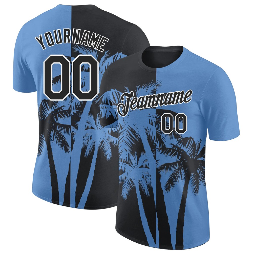 Custom Light Blue Black White Hawaii Palm Tree T-Shirt Tropical Summer Gift