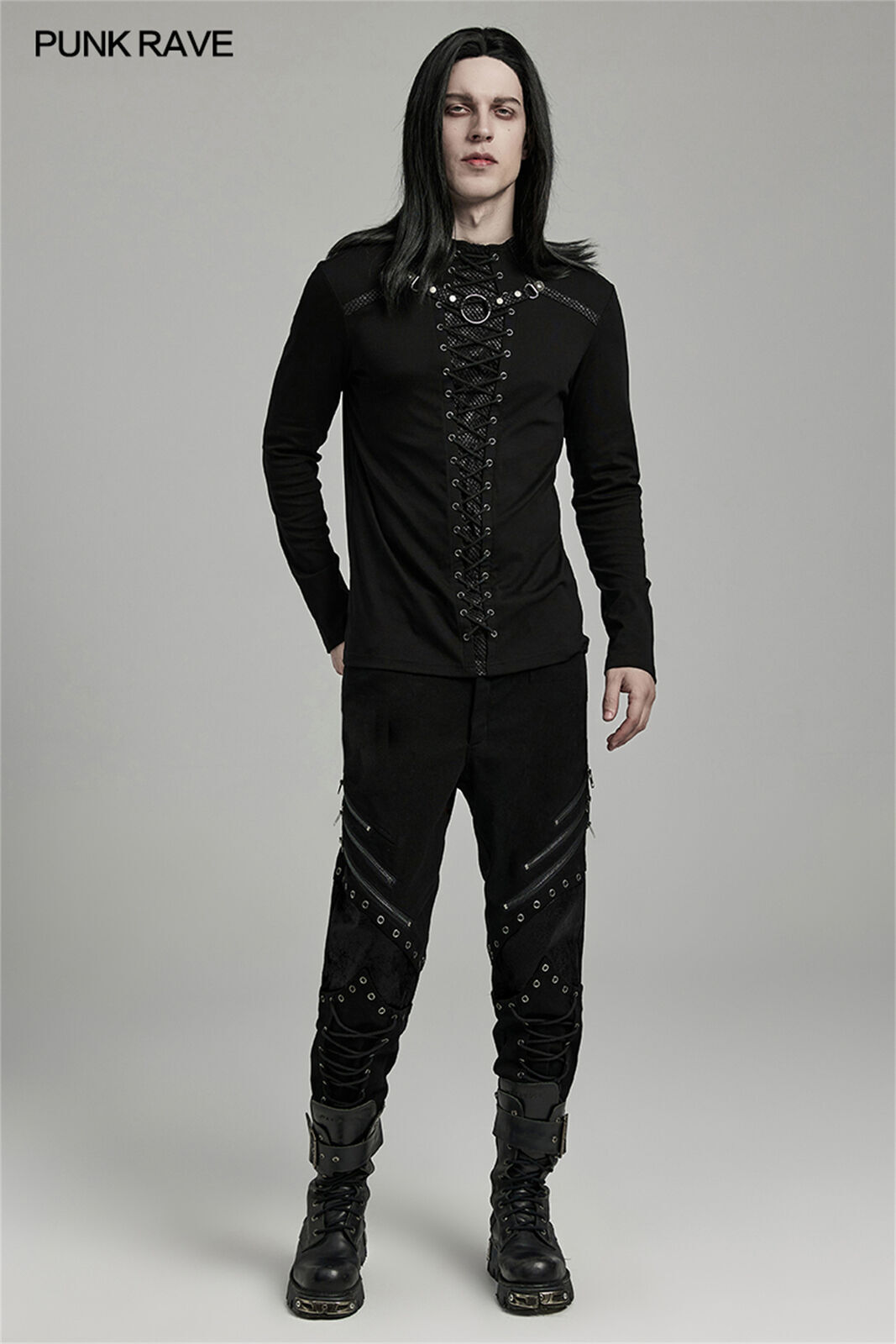 PUNK RAVE Black Cyberpunk Gothic Punk Mesh Splicing Long Sleeve T-Shirt Men Top gallery