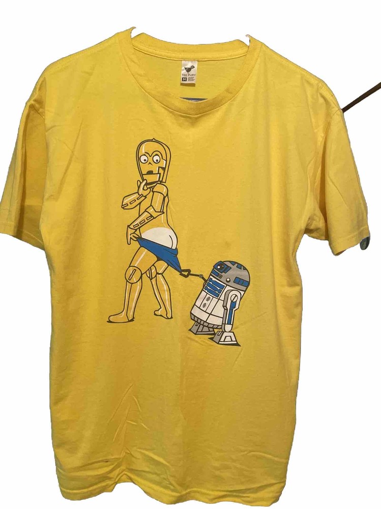 Star Wars C3PO R2D2 Coppertone Ad Men’s Yellow TShirt Sz M Cotton TeeFury Rare
