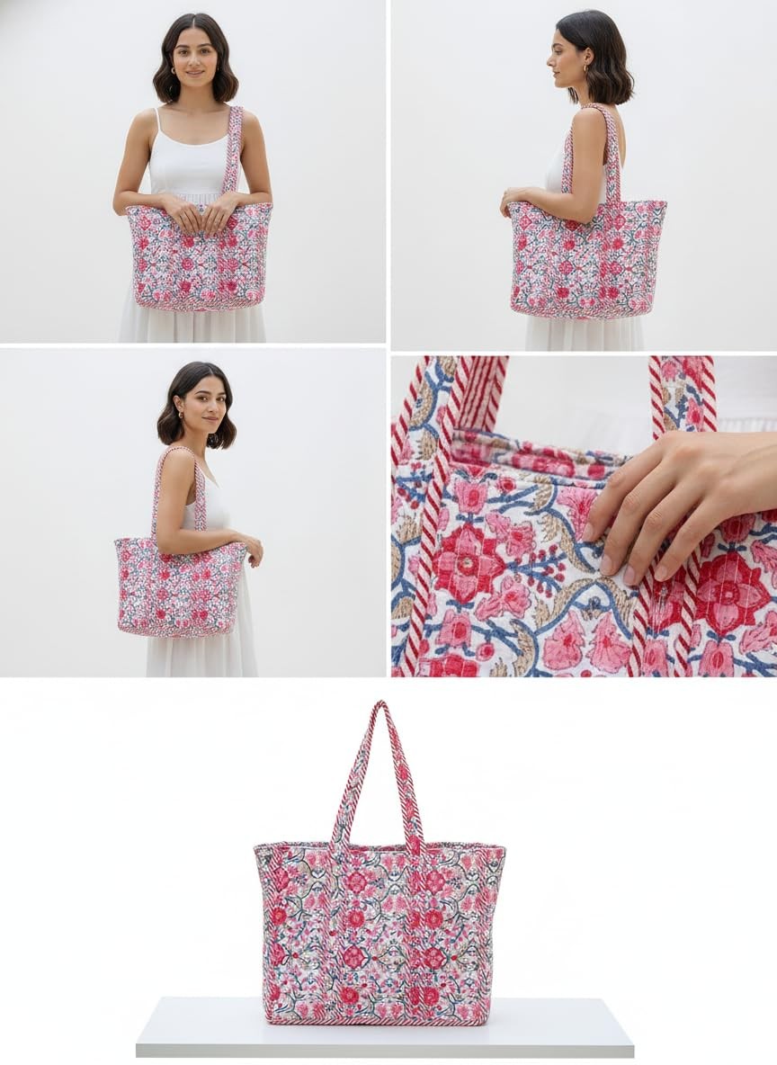 Quilted Tote Bag for Women – Large Canvas Travel Tote with Zipper | Floral Co... gallery