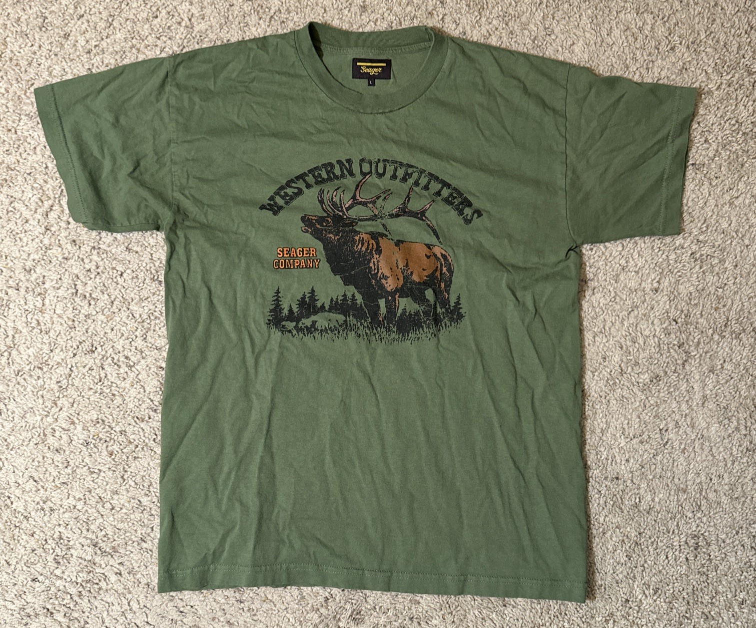 Seager Western Outfitters T-Shirt Men’s Large Green Elk Deer Moose Graphic Tee