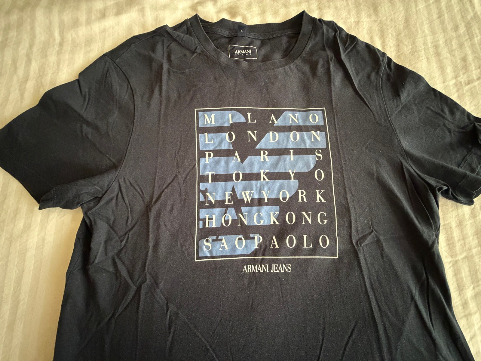 Armani Jeans Navy Blue Spellout Cities Graphic Tee - Men's XL - 100% Cotton gallery