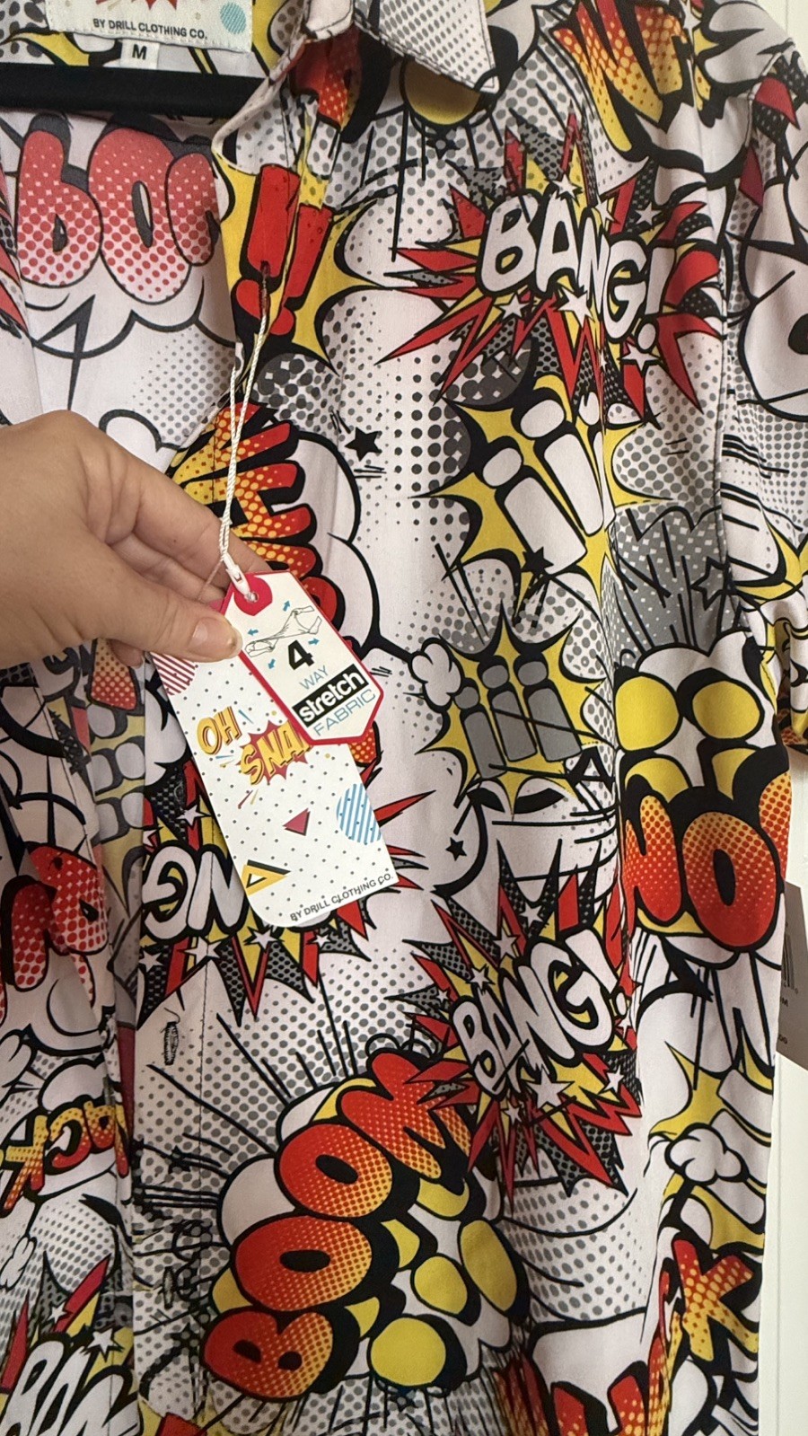 Oh Snap Drill Clothing Comic Pop Art Shirt Mens M Stretch Button Up Bang Pow gallery