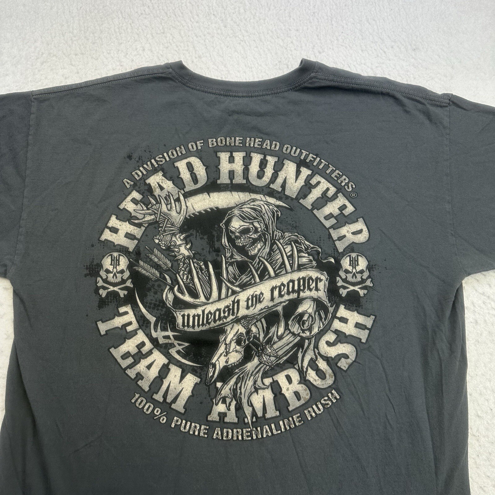 Bone Head Shirt Mens XL Gray Head Hunter Unleash the Reaper Team Ambush Hunting gallery
