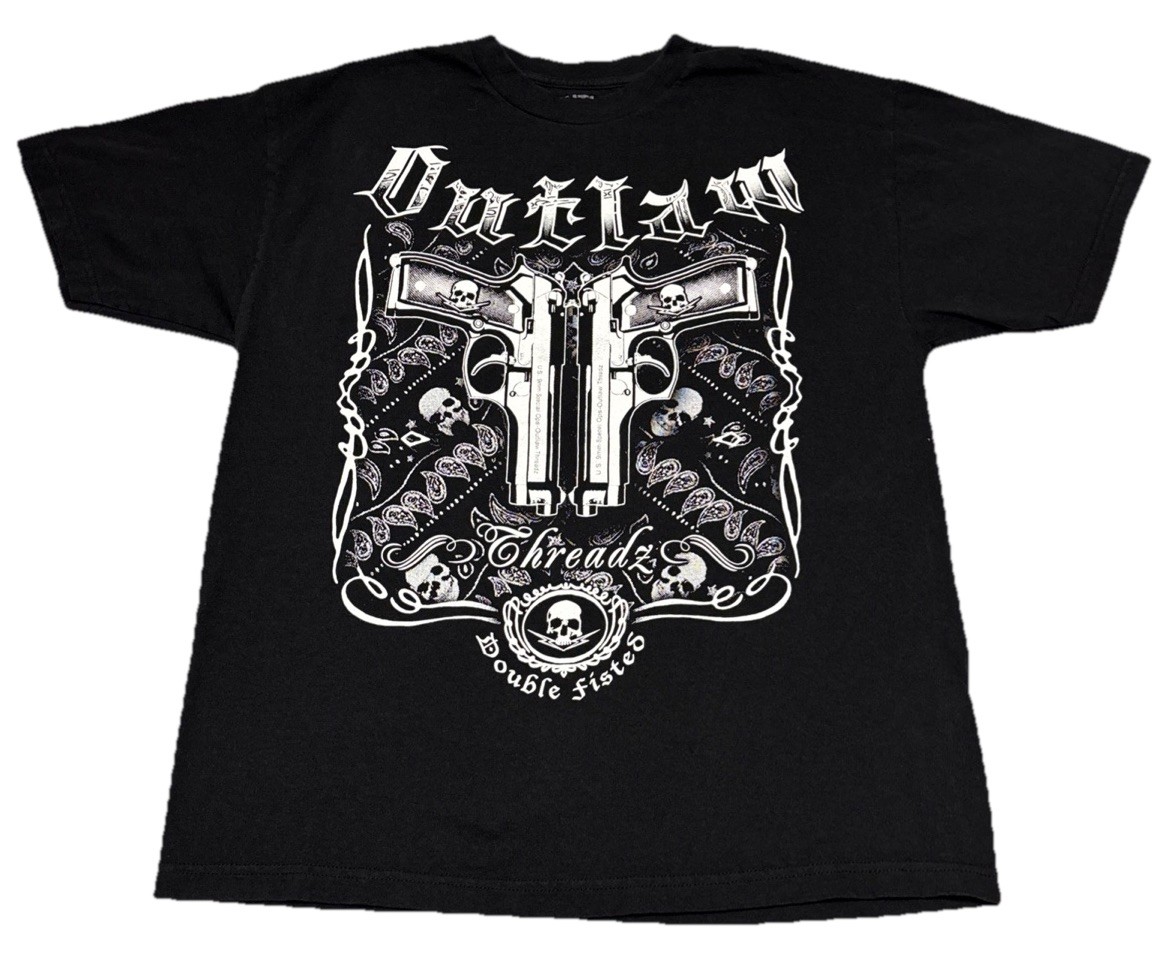 Outlaw Threadz Affliction Style Skull Guns Graphics Black T-shirt Size XL