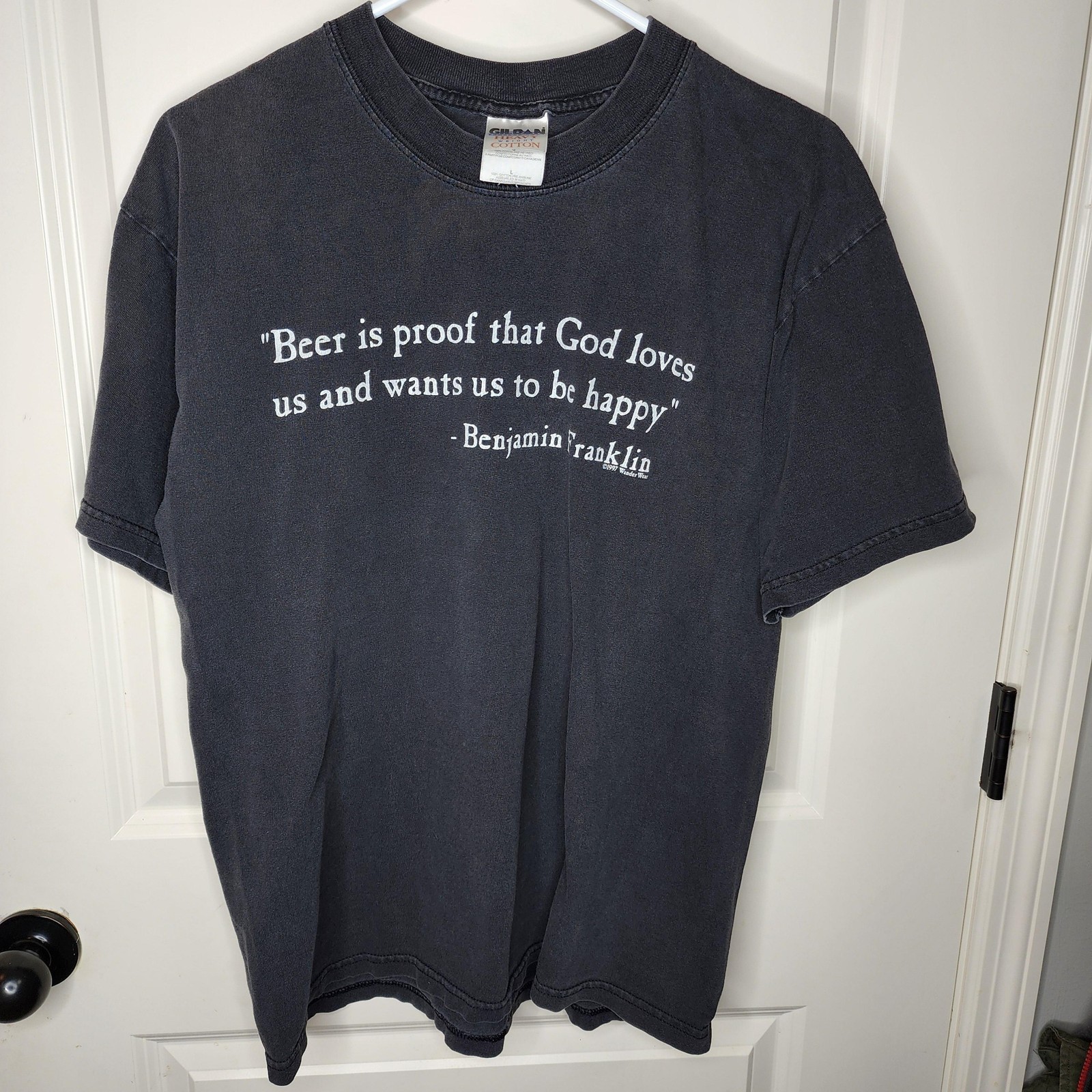 Vintage Benjamin Franklin Beer Shirt Mens Large Gray Funny Quote Tee 1997 Gildan gallery