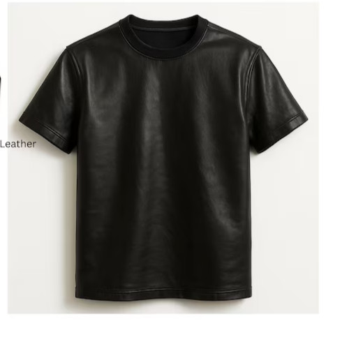 Men s Classic Style Black Leather T-Shirt In Genuine Lambskin Leather Shirt gallery