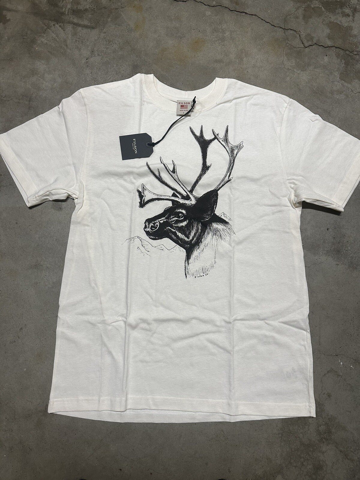 NWT Filson Caribou Short Sleeve T Shirt Pioneer Graphic White Black Made in USA