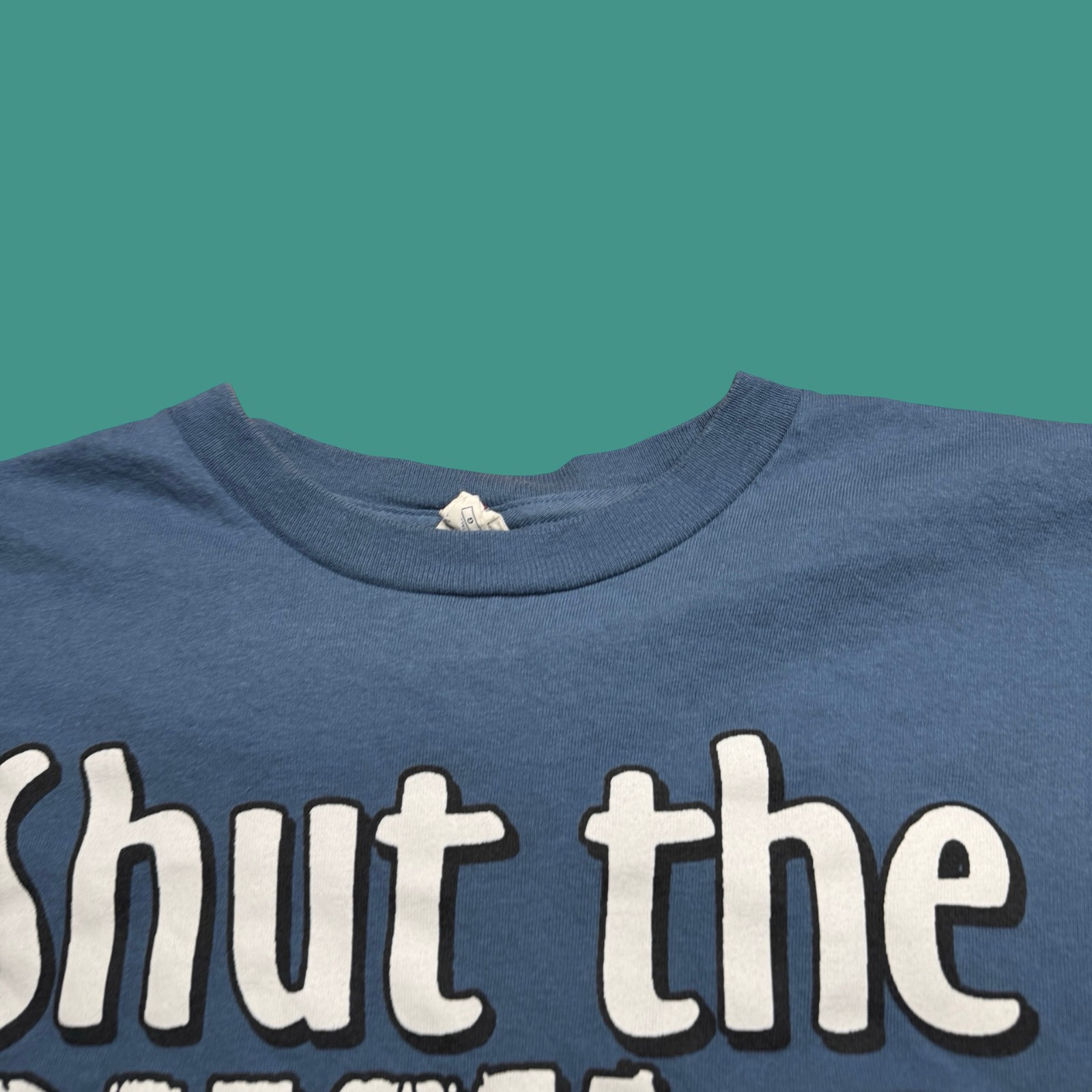 Shut The Duck Up T Shirt Large Blue White Duct Tape Novelty Graphic Y2K Humor gallery