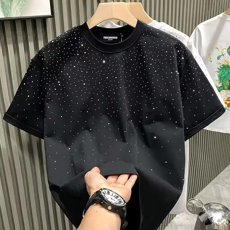 New Men Women Luxury Diamond Rhinestones Black White T-Shirt High Quality gallery