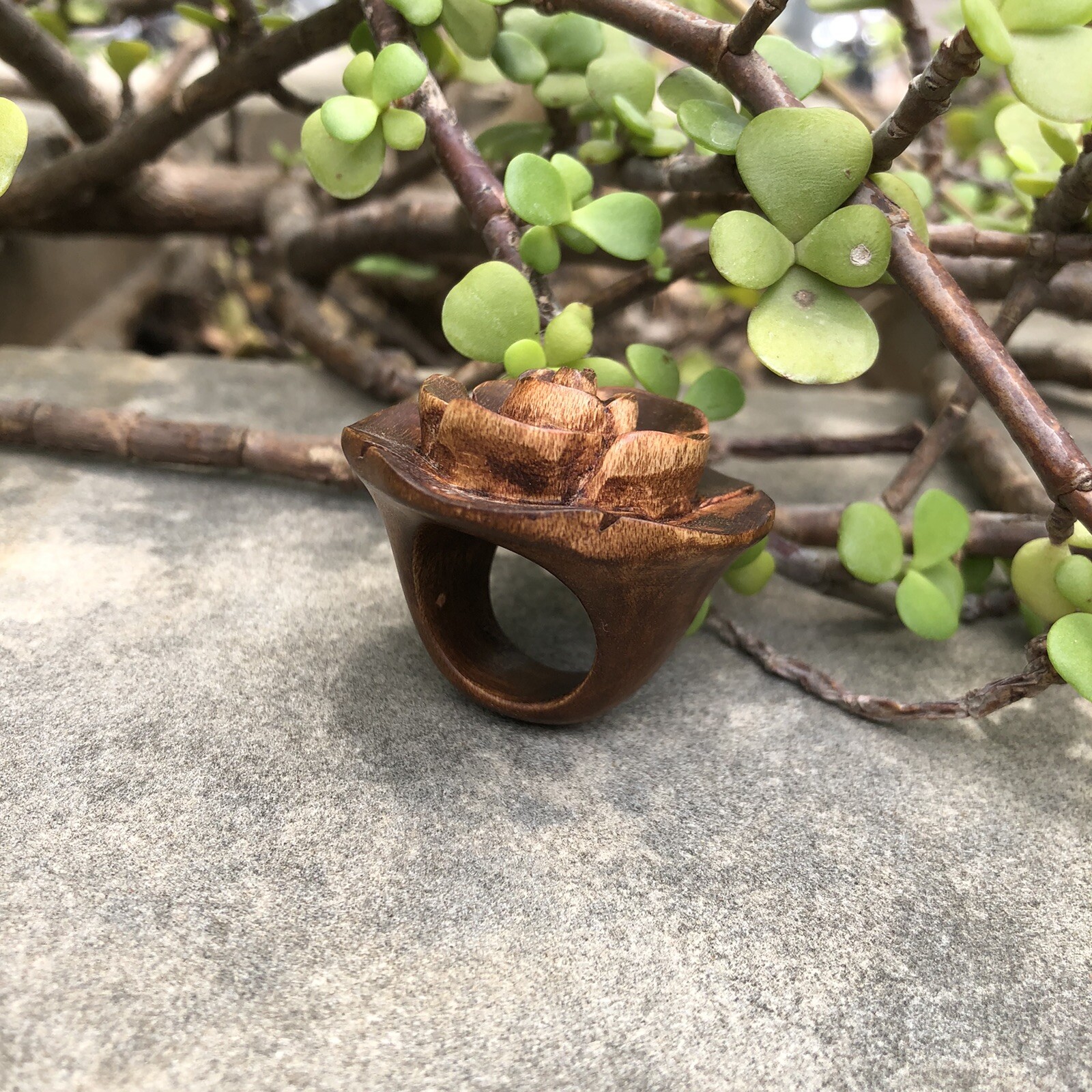 Kadamb Wood Rose Flower Carved Handmade Ring, 35 mm dia, US 9 Ring Size, D5