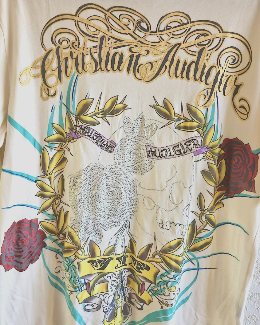 Y2K Christian Audigier Ed Hardy VIF XL Cream T-Shirt Beaded Stitched Stored New gallery