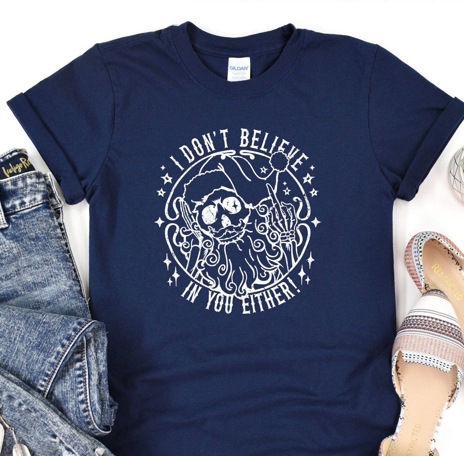 I Don't Believe In You Either T-Shirt, Christmas Shirt, Skeleton Santa Tee gallery