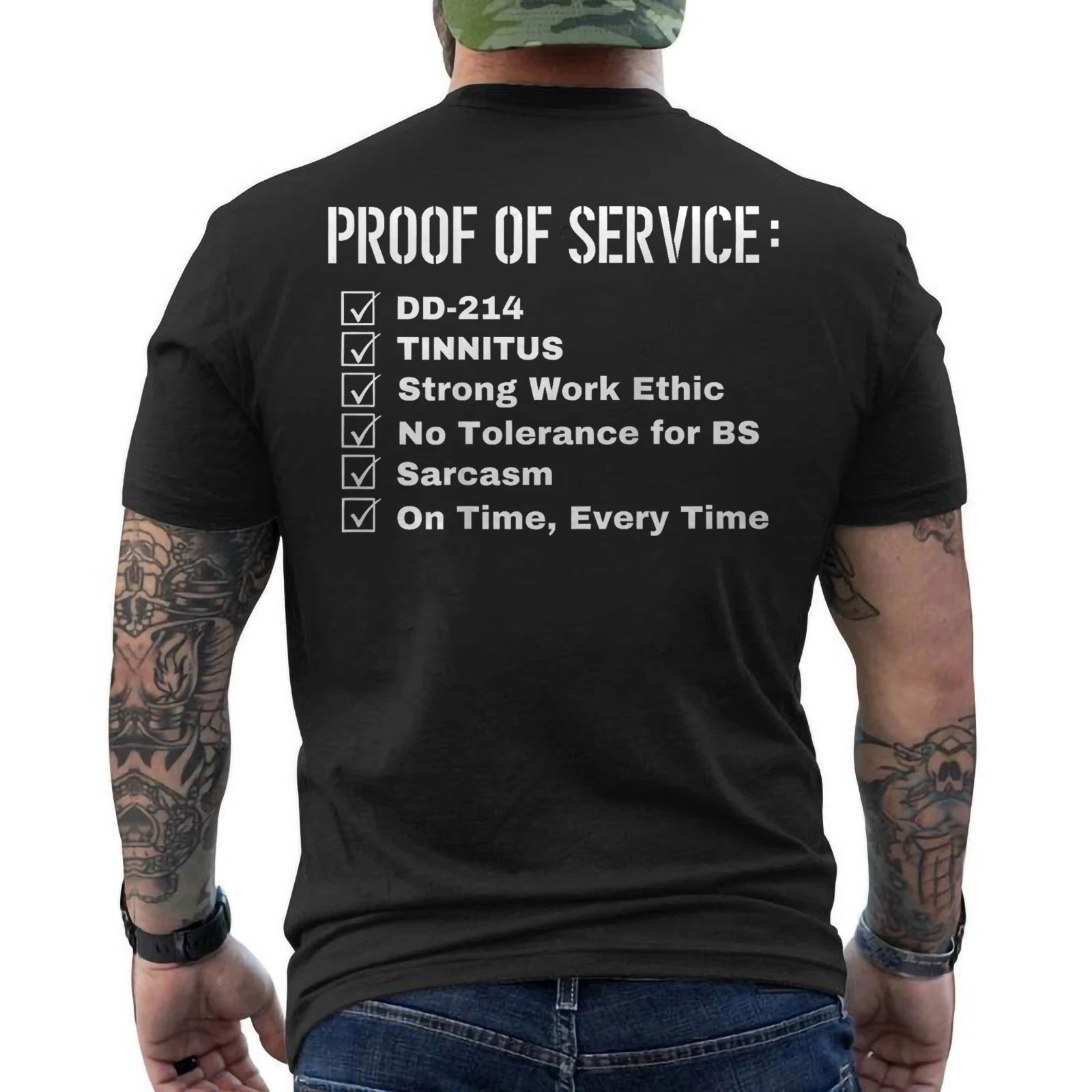 Proof Of Service DD-214 Tinnitus Strong Work Ethic Sarcasm ON BACK T-Shirt gallery