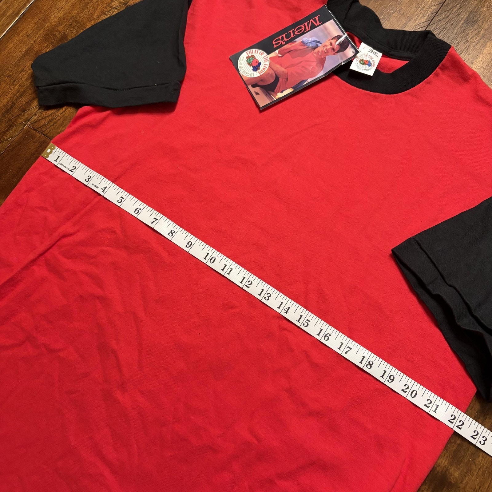 Vintage Fruit Of The Loom Shirt Mens Large Red Black Colorblock Tee Made USA 90s gallery