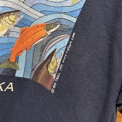 Vintage 1999 Ray Troll Artwork Midnight Run Salmon Run Fish T Shirt Navy Sz XL
