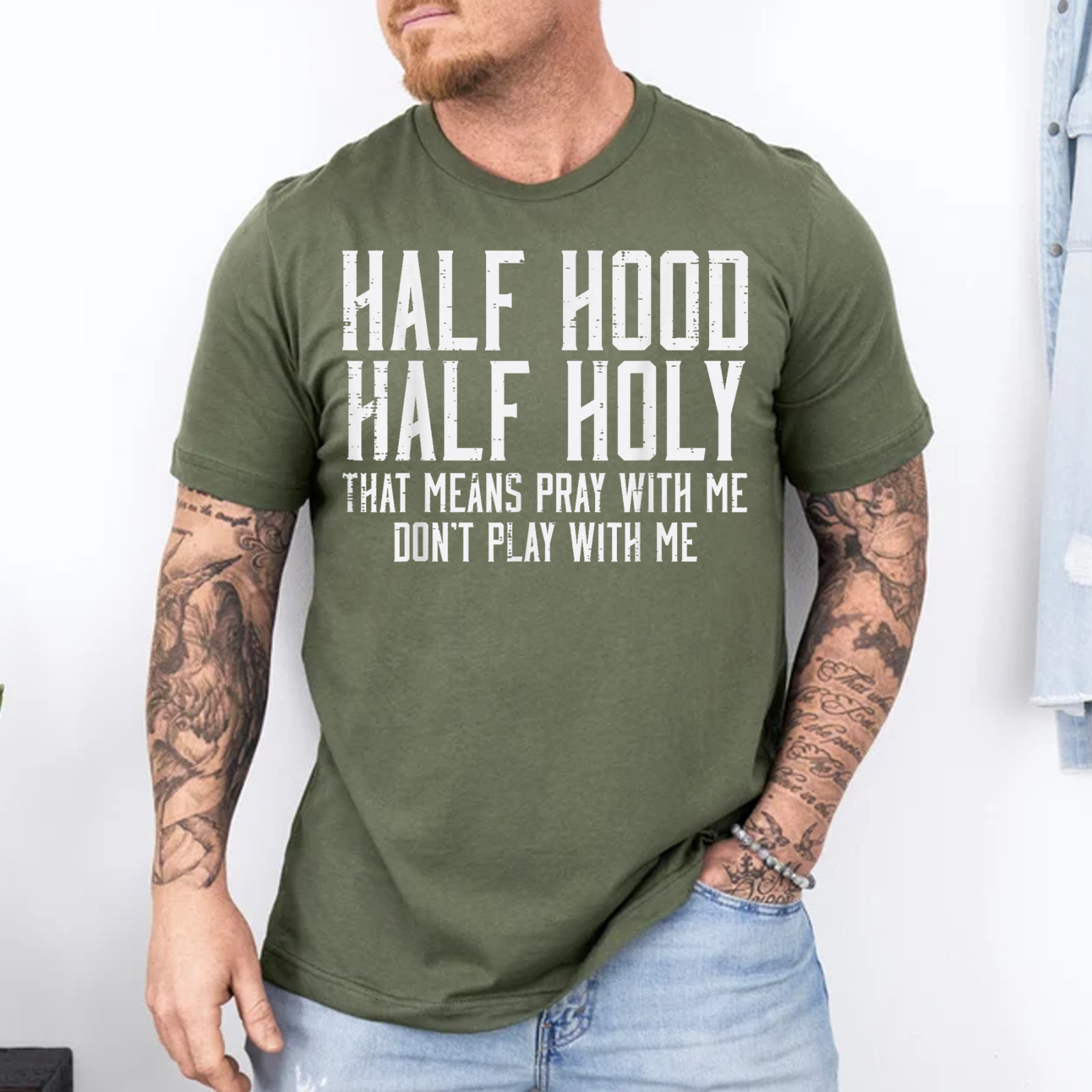 Half Hood Half Holy Funny Saying Humor Christian Men Women T-Shirt gallery
