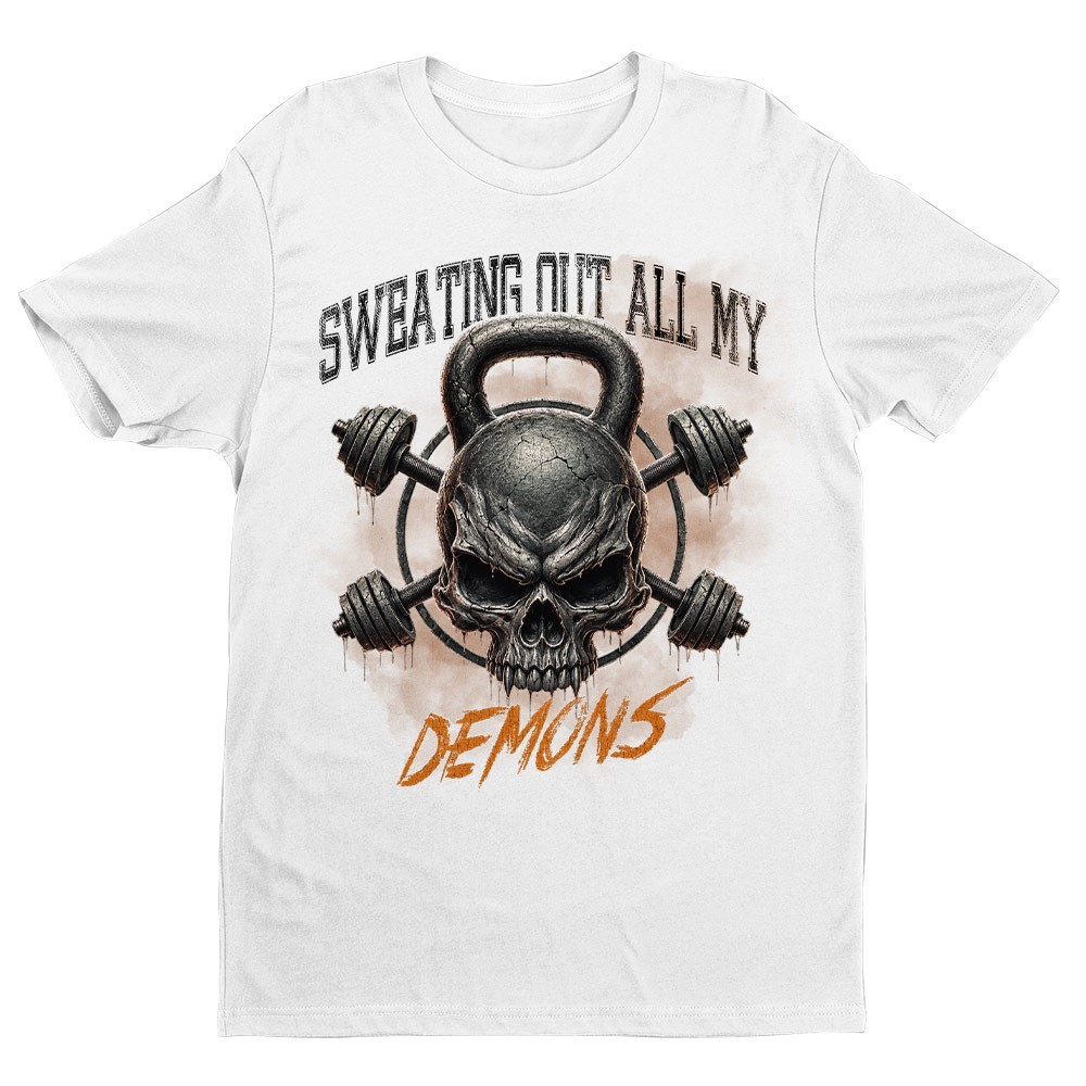 Retro Sweating Out My Demons Unisex T-shirt | Gym Skull Lover Gifts for Men gallery