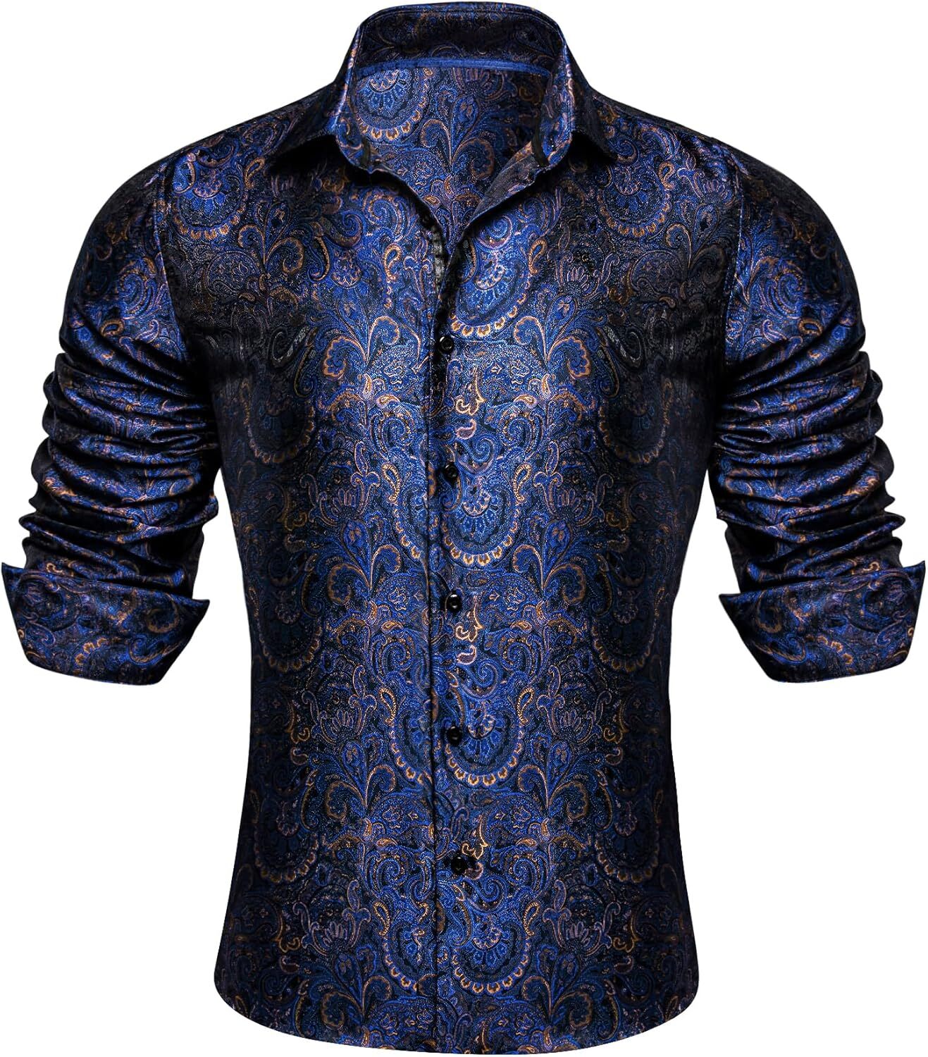 Mens Silk Paisley Western Shirt Long Sleeve Button Down Cowboy Dress Top Casual gallery