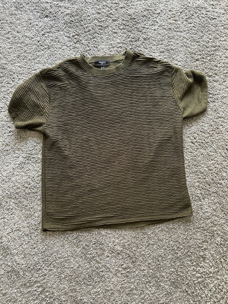 Olive Green Crew Neck Ribbed Short Sleeve Large