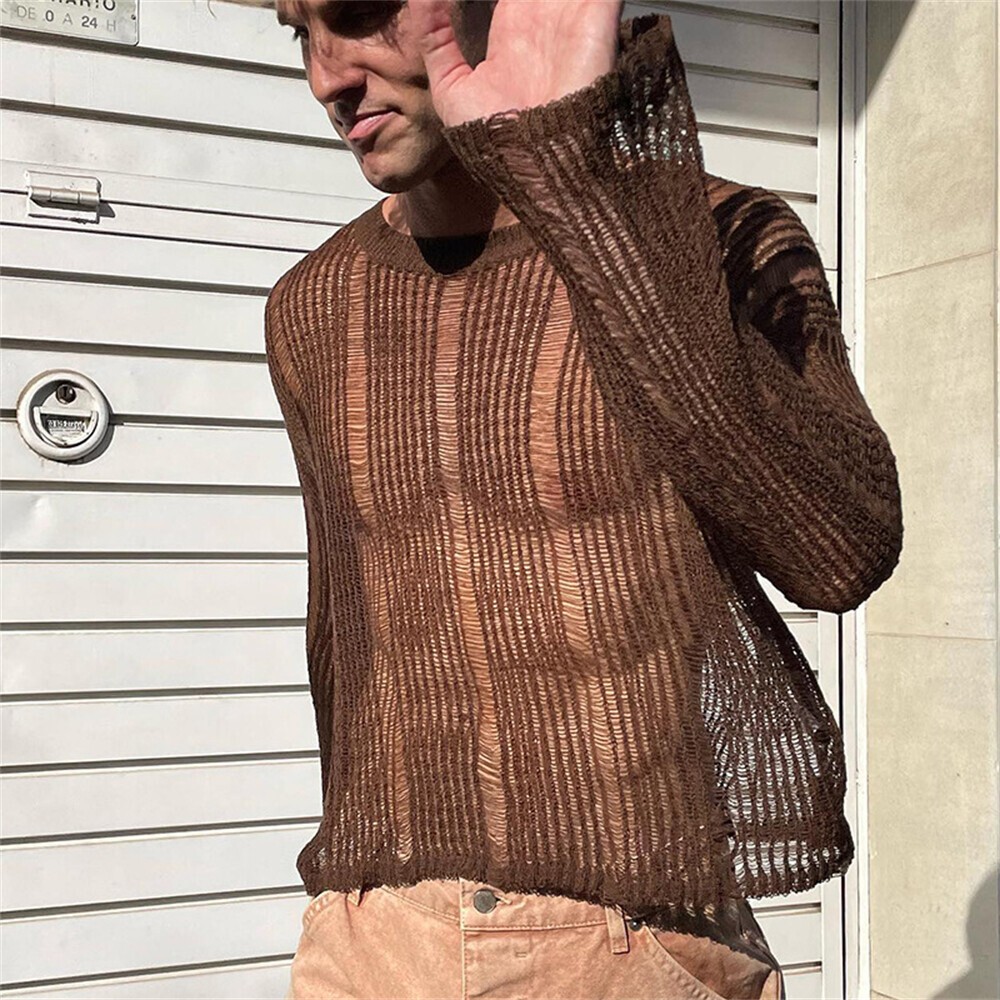 Sexy Mens Crochet Hollow Out T-Shirt Casual Shirt Tops Long Sleeve Summer gallery