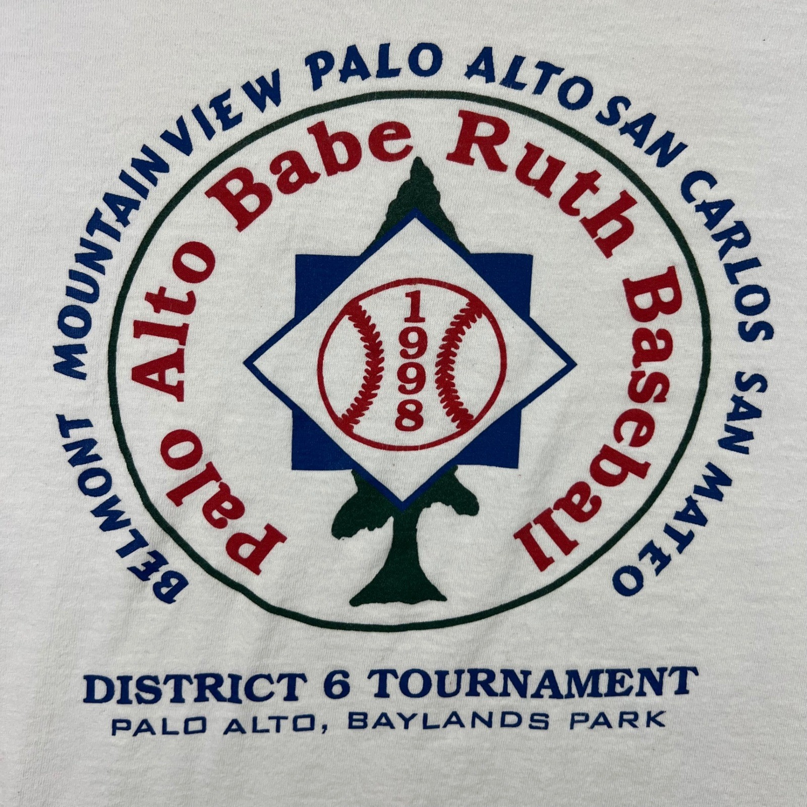 1998 Palo Alto Babe Ruth Baseball T-Shirt Mens XL White Baylands San Mateo Youth gallery