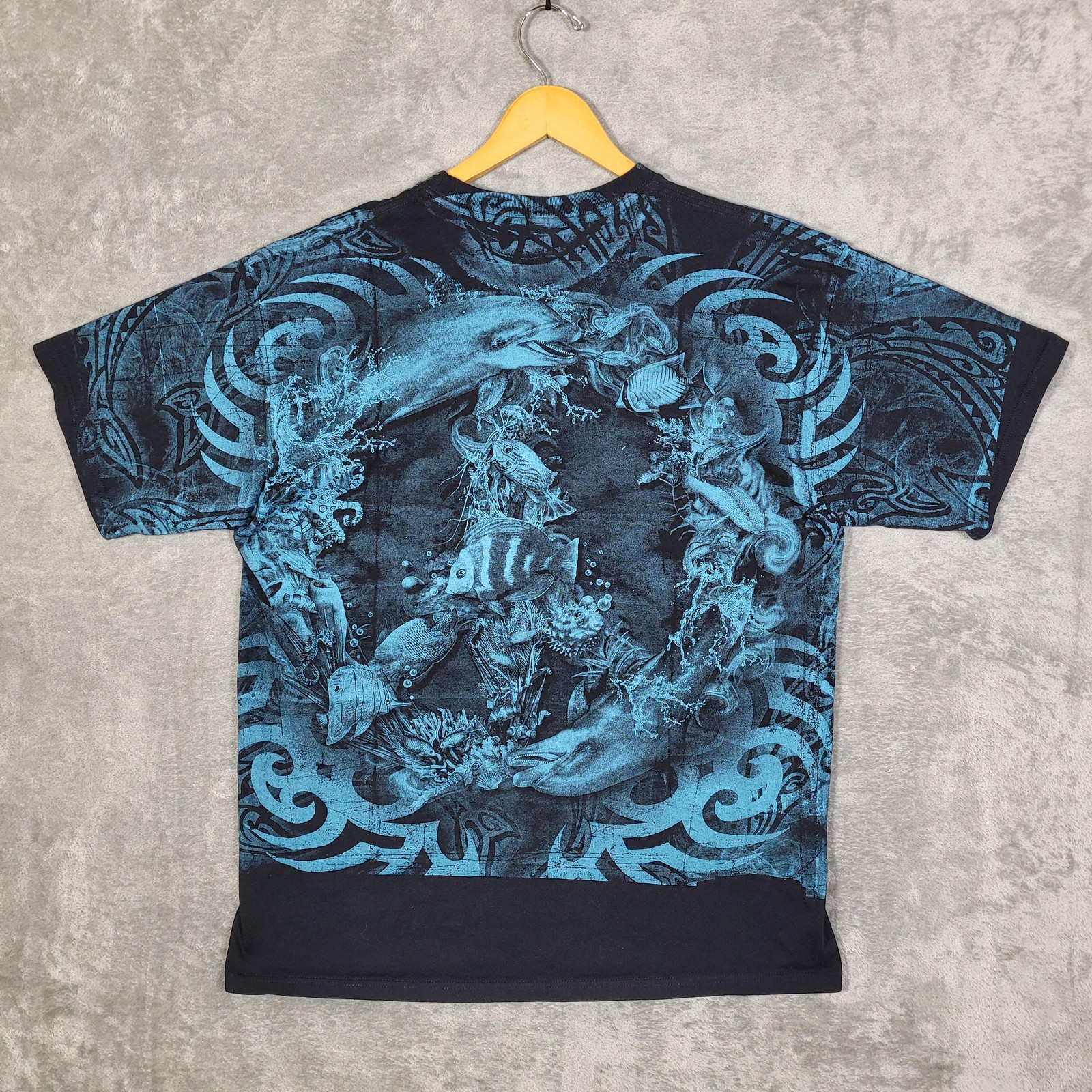 Vtg Cozumel Mexico Shirt Men XL Blue Black Yazbek Ocean Dolphin Fish Graphic AOP gallery