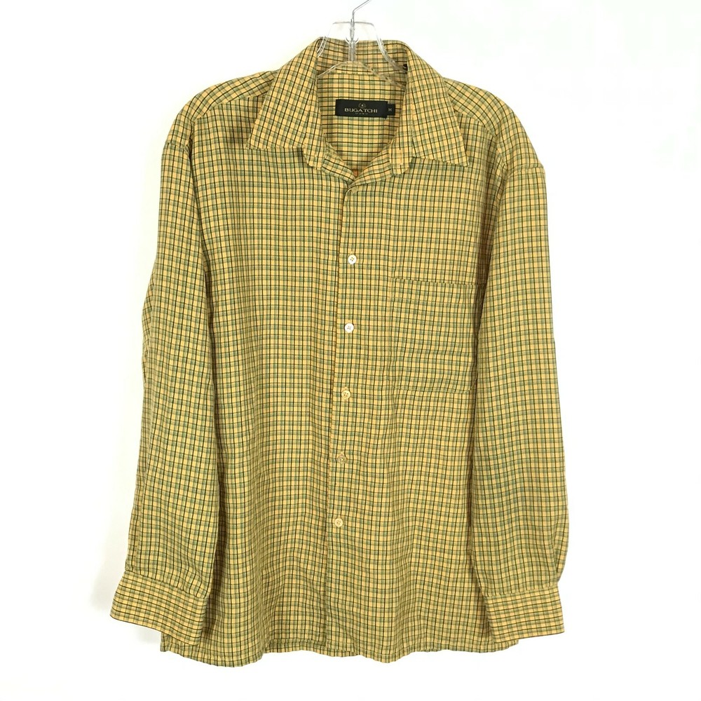 Men Size Medium Bugatchi Uomo Yellow Green Stripe Vintage 90s Button Front Shirt