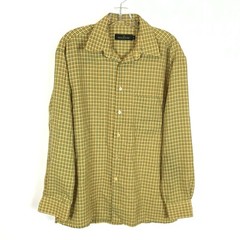 Men Size Medium Bugatchi Uomo Yellow Green Stripe Vintage 90s Button Front Shirt