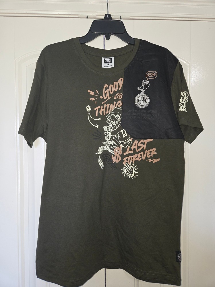 GTL4 Good Things Last Forever Graphic T Shirt Mens Large Olive Green Streetwear