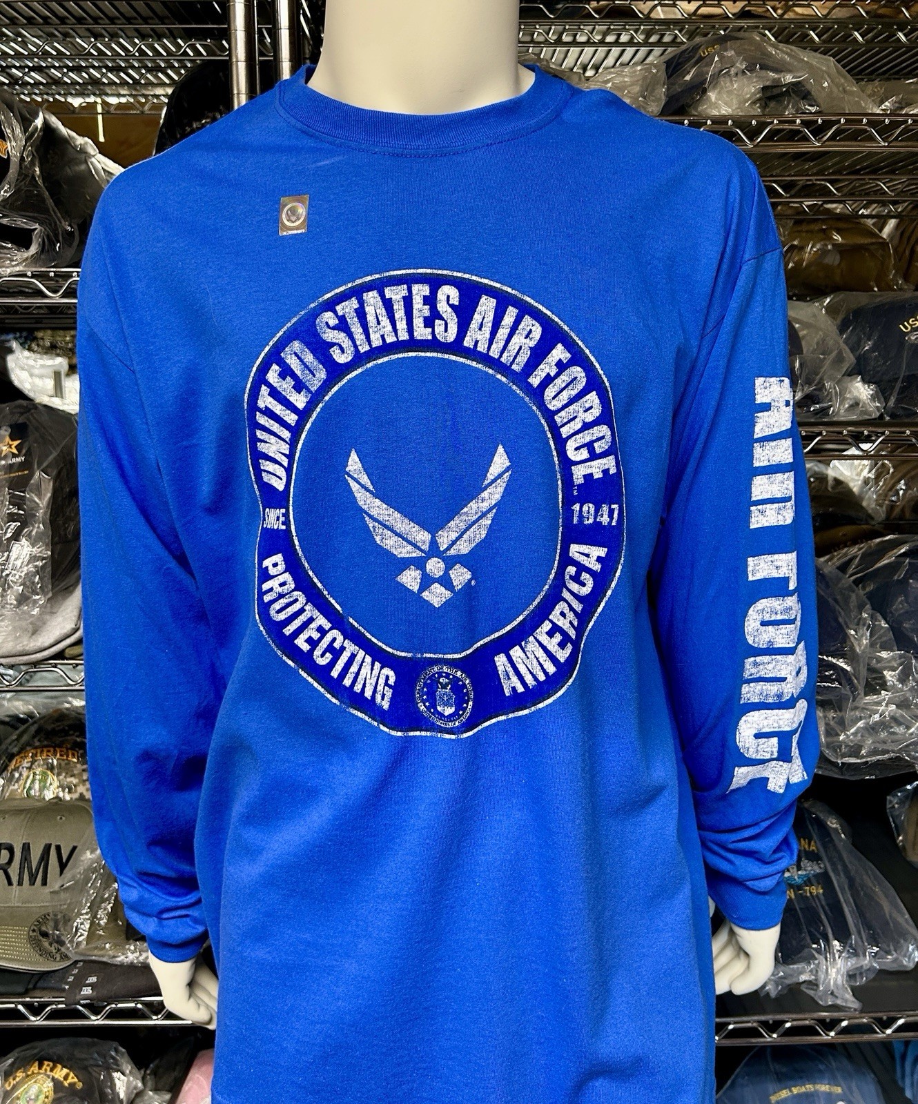 US Air Force Long Sleeve Blue T-Shirt Protecting America USAF Vet Sleeve Print gallery