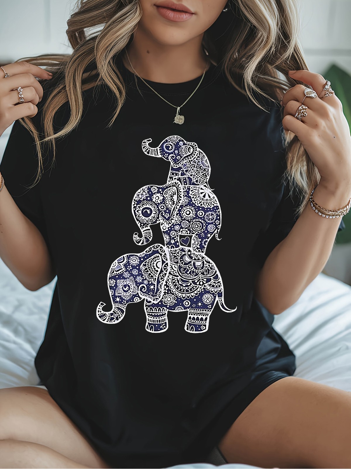 Wo Bohemian Elephant Mandala Print T-Shirt - Blue and White Ethnic Short Sleev gallery