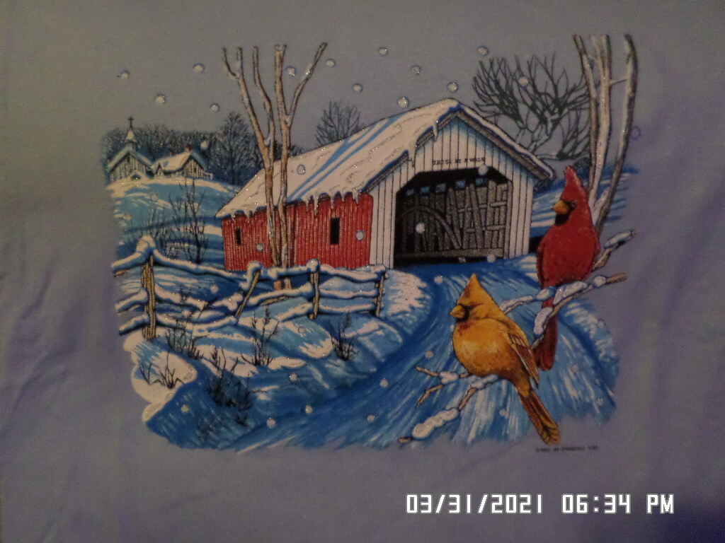 NEW T-Shirt: Covered Bridge w/ Snowy Winter Scene & 2 Birds Lots of colors S-6XL gallery