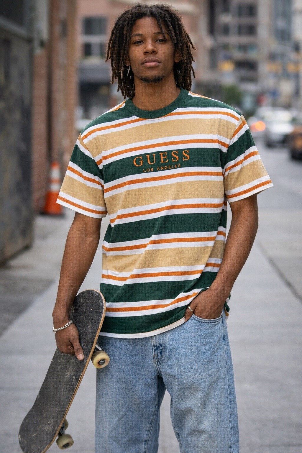 Guess Los Angeles Striped T Shirt Mens Size M Made in India VTG Green Orange Y2K gallery