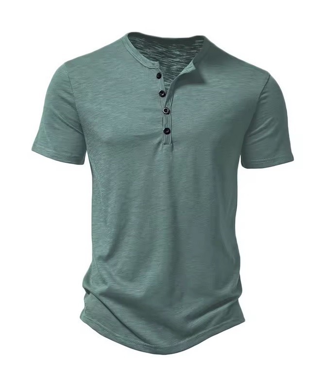 Henley Collar Summer Men Casual Solid Color Short Sleeve T Shirt for Men gallery