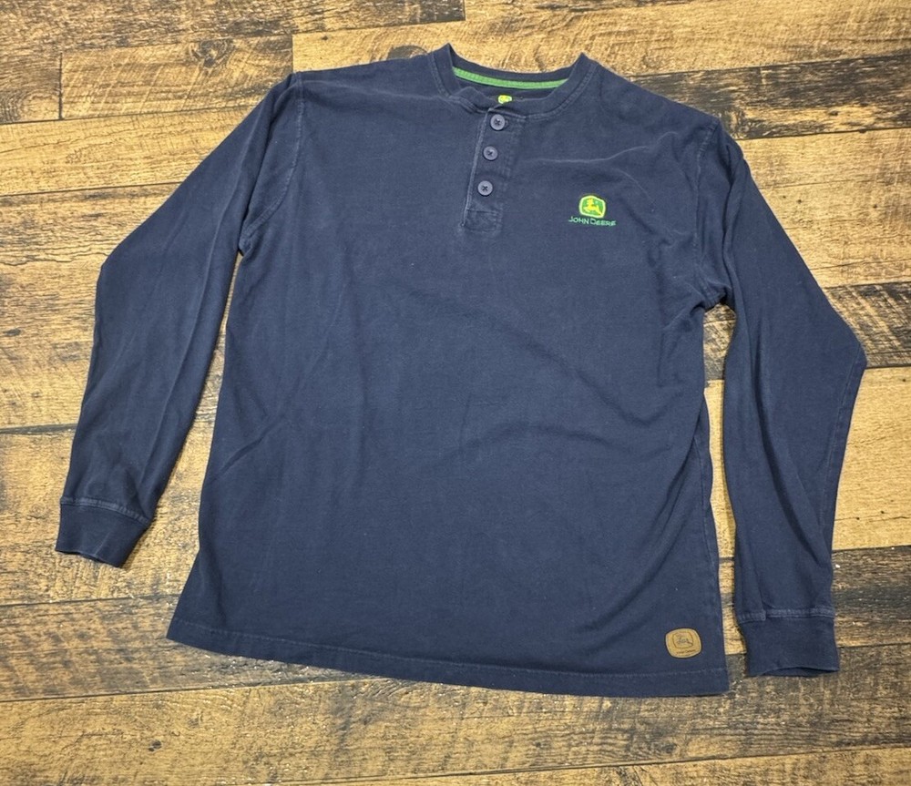JOHN DEERE Leather Logo Long Sleeve T-Shirt L Henley Button Up 100% Cotton Blue