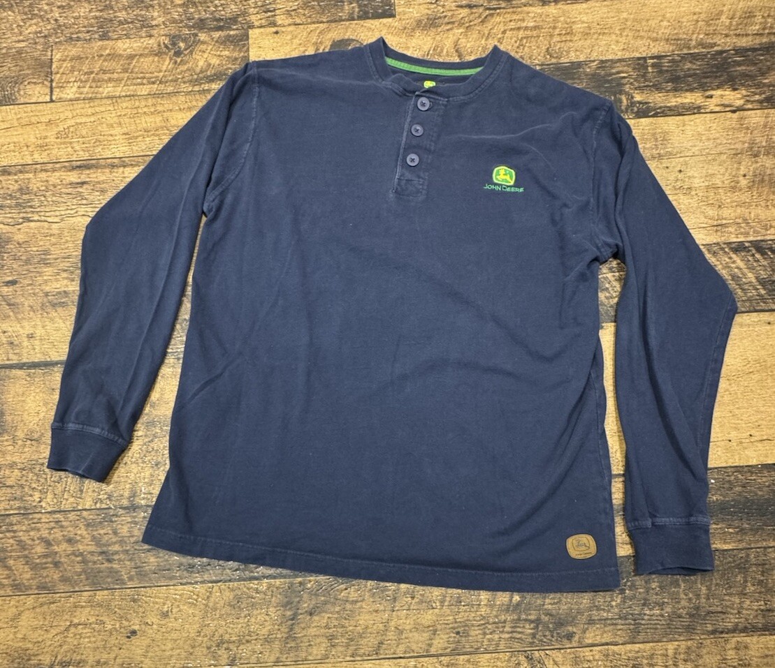 JOHN DEERE Leather Logo Long Sleeve T-Shirt L Henley Button Up 100% Cotton Blue