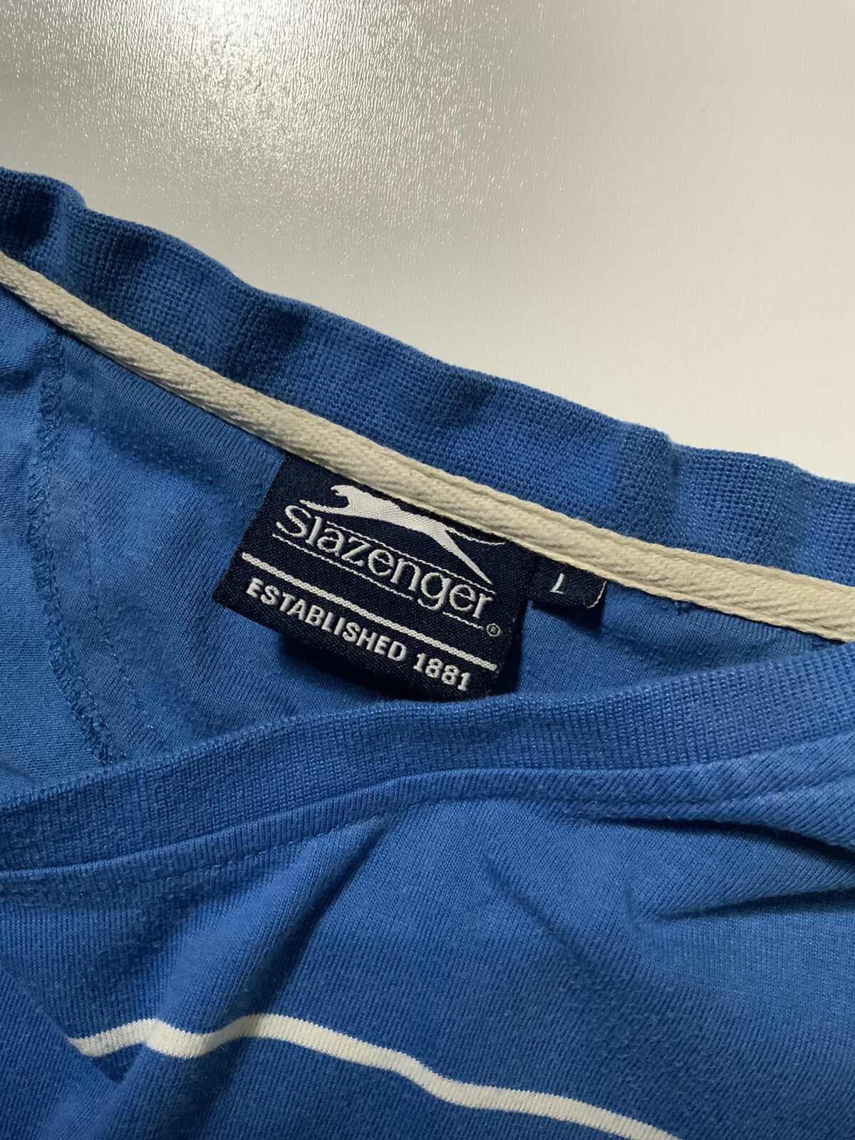 Vintage Slazenger Striped Blue Tennis Embroidered Logo S/S T-Shirt Sz. L gallery