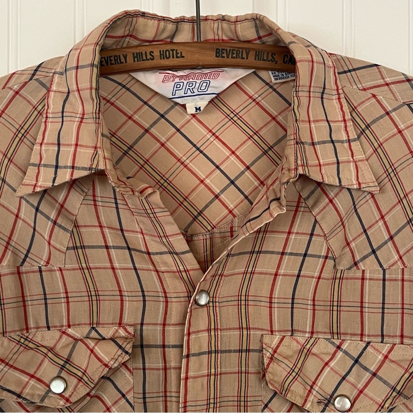 Vintage Men's Western Shirt Neutral Plaid Pearl Snaps Button Down Medium Rodeo gallery