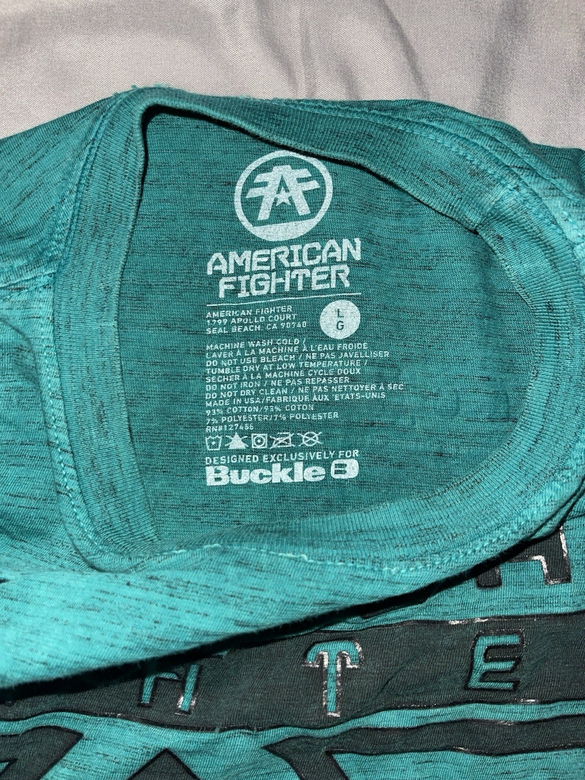 American Fighter Shirt Mens Large Teal Short Sleeve Graphic Fighting Buckle Tee gallery