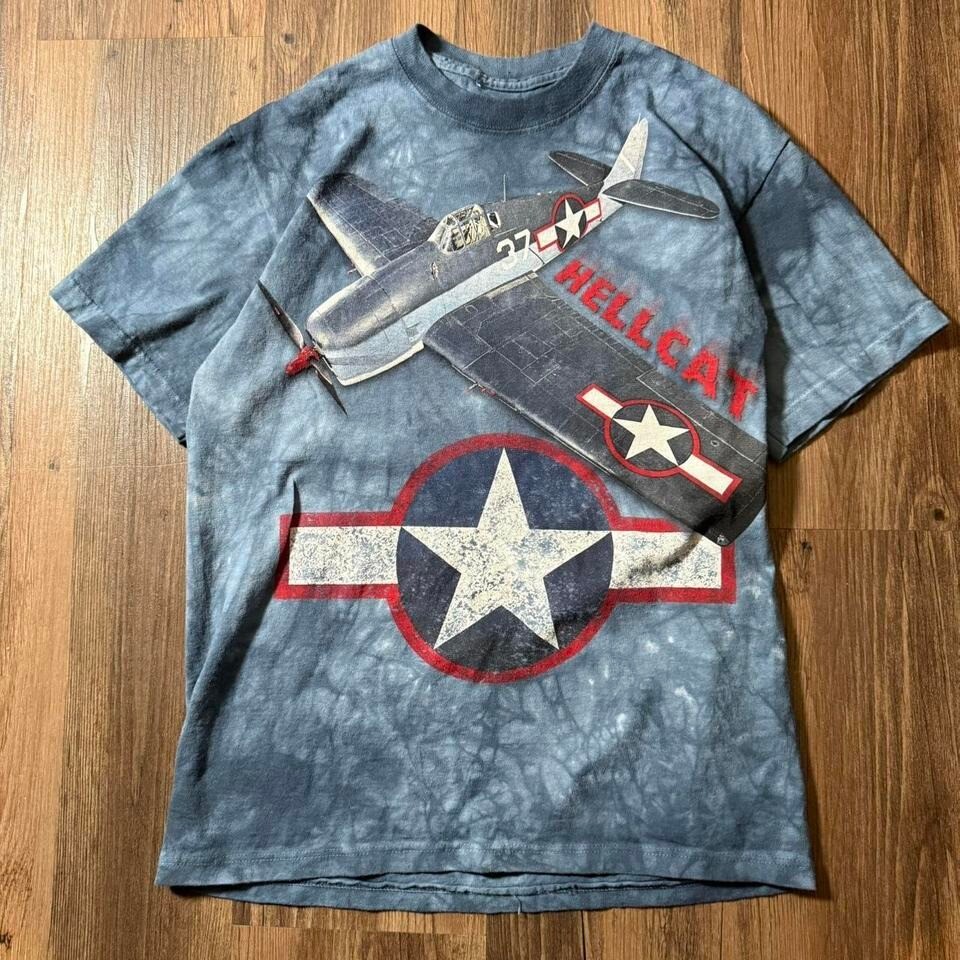 Smithsonian Hellcat Airplane Graphic T-Shirt Tie Dye Blue Mens Size S