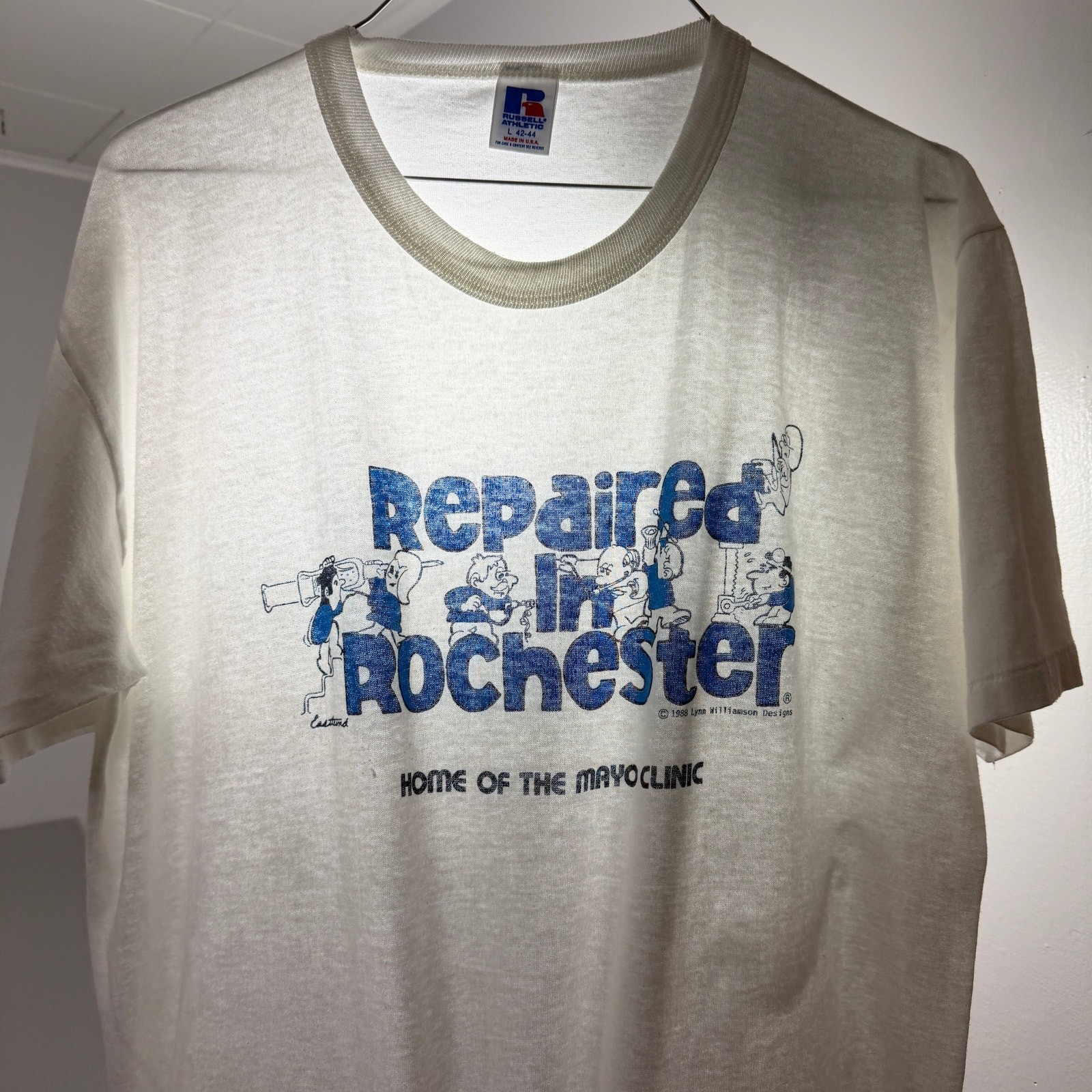 Vintage Russell Athletic Repaired in Rochester Shirt Large White 1988 Paper Thin