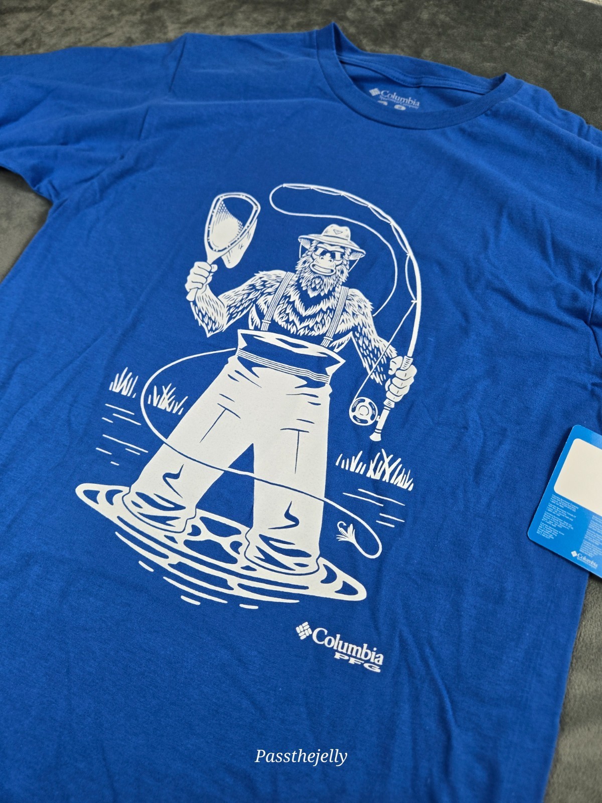 New Columbia Shirt Mens Medium Blue Fisherman Sasquatch PFG Graphic Tee gallery