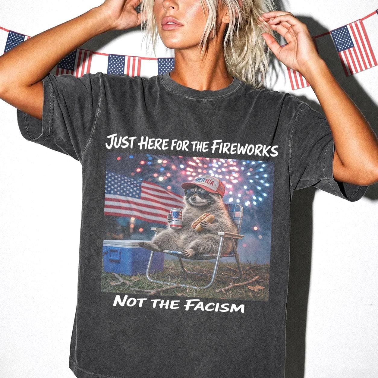 Anti Fascist Patriotic Raccoon Fireworks Shirt Funny 4th of July