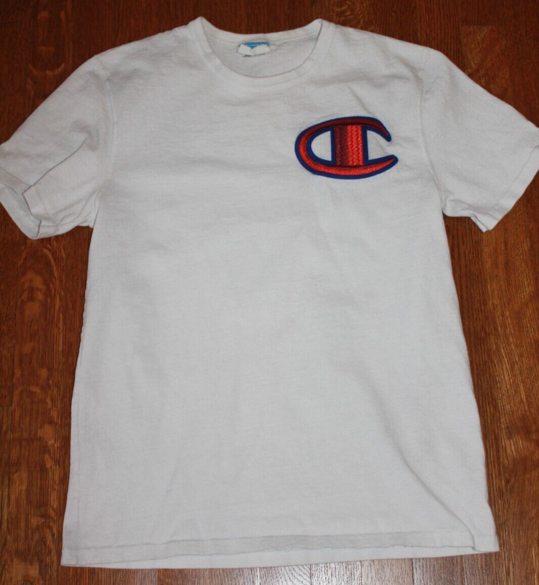 VINTAGE Champion Men T-Shirt White Logo Embroidered Short Sleeve Crew Neck Y2K M