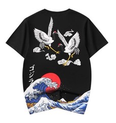 NIEPCE Men’s Japanese Crane And Waves Black Graphic T-Shirt Tee Streetwear
