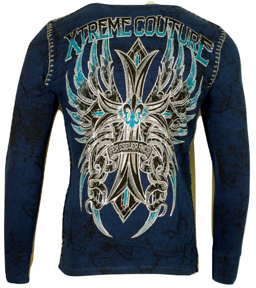 Xtreme Couture by AFFLICTION Men’s THERMAL T-Shirt BRONZE ARMS CROSS Biker
